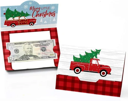 Vista 6 de Big Dot of Happiness Merry Little Christmas Tree – Juego de 8 portatarjetas de regalo y dinero para fiestas de Navidad para camión rojo y coche