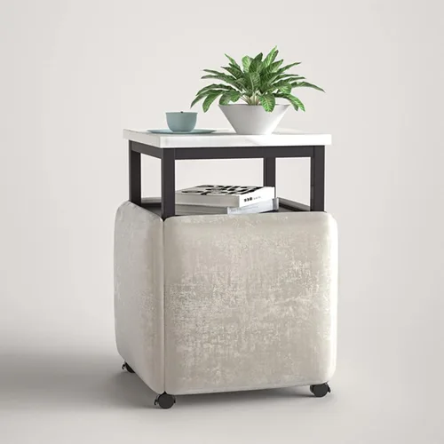 Vista 9 de Mesa de comedor combinada 5 en 1 con 4 taburetes, mesa auxiliar anidable que ahorra espacio, taburete otomano apilable, reposapiés, sofá y mesa