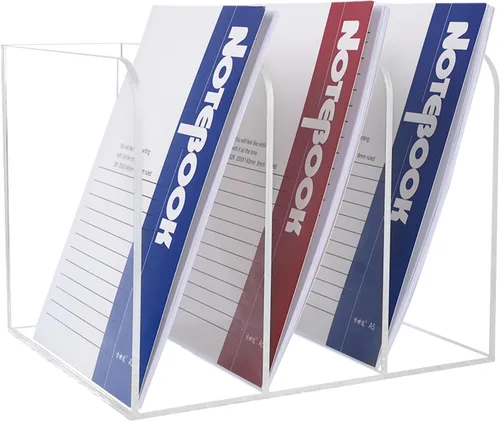 Vista 8 de Revistero de acrílico transparente, soporte vertical para archivos, organizador de escritorio, soporte de almacenamiento para oficina, paquete de 2