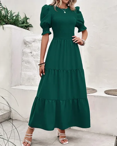 Vista 159 de BTFBM Vestidos para mujer, cuello redondo, casual, de verano, con volantes, manga corta, bohemio, con niveles, fruncido, largo, con estampado floral