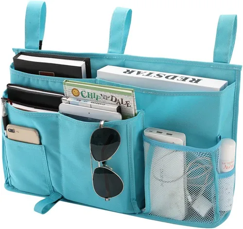 Vista 15 de Bseash Organizador de litera, organizador de cama colgante para mesita de noche, bolsa de almacenamiento con 4 bolsillos y 2 ganchos