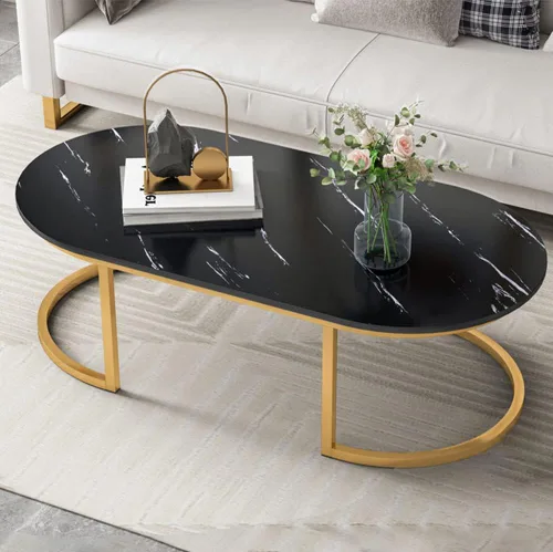Vista 5 de LITFAD Mesa de centro moderna ovalada de mármol sintético con marco de metal dorado, mesa de sala de estar con estante mesa de cóctel, estantes