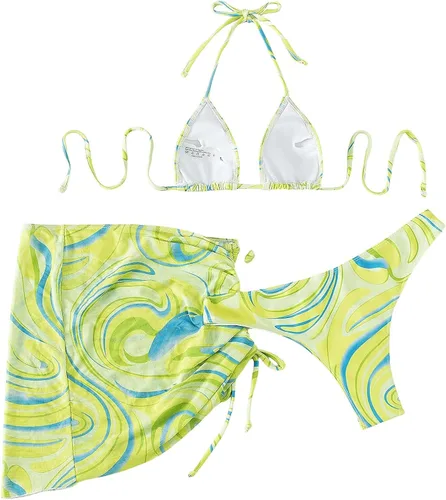 Vista 2 de MakeMeChic Conjunto de bikini con estampado completo para mujer, 3 paquetes y falda con cordón lateral