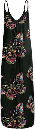 Vista 3 de HOOA Vestido largo sin mangas con tirantes delgados para mujer vestido largo de verano casual cuello redondo estampado vestido de playa con vuelo