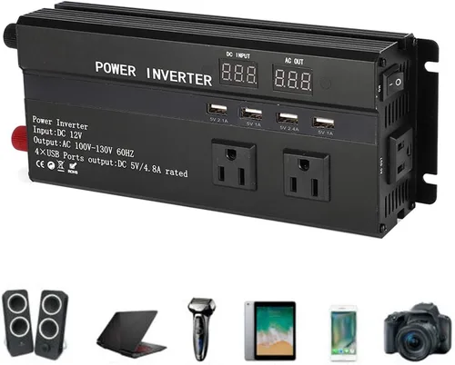 Vista 6 de Convertidor de inversor de corriente para automóvil de 4000 W con pantalla LCD, puerto USB, encendedor de puros, puertos CC 12 V a CA 1100 V