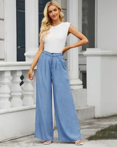 Vista 5 de GRAPENT Pantalones de pierna ancha para mujer, jeans de cintura alta, pantalones palazzo, ligeros, para verano, playa, pantalones fluidos Y2K