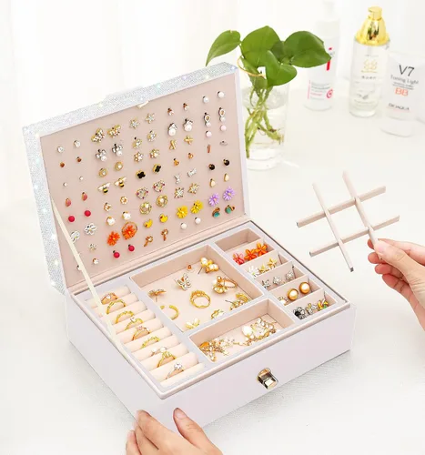 Vista 5 de QBestry Organizador de aretes de tuerca para niñas, caja organizadora de joyas, caja de aretes para niñas, caja de joyería para niñas, organizador