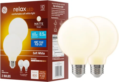 Vista 9 de GE Relax HD G25 LED Light Bulbs, Matte Finish, 40 Watt Replacement, Soft White (2 Pack)