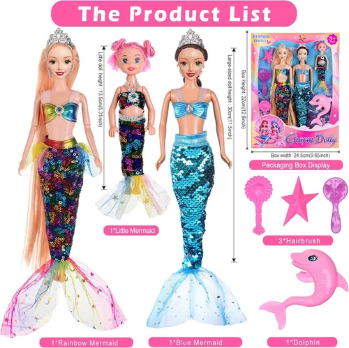 Vista 2 de Juego de muñecas de sirena de 11.5 pulgadas con accesorios, dos muñecas de princesa, una muñeca pequeña, un juguete de delfín, juguete de una