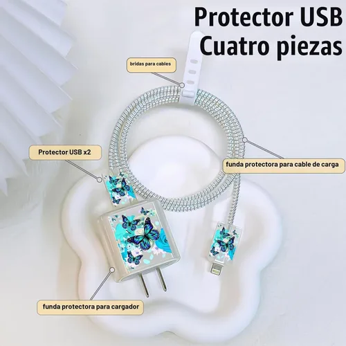 Vista 2 de Bonito protector de cable para cargador de Apple, bonito diseño de flores y mariposas, cable de datos USB, protector de cargador de teléfono