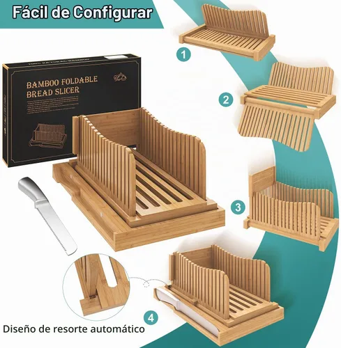 Vista 4 de Cortador de pan de bambú con cuchillo dentado, guía ajustable para 3 tamaños de grosor, tabla de cortar plegable con bandeja para migas, ideal