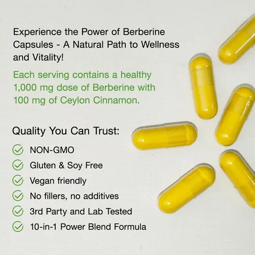 Vista 5 de Suplemento de berberina con canela de Ceilán y picolinato de cromo, 10 en 1 berberina 1000 mg por porción, berberina 5X para metabolismo, corazón e