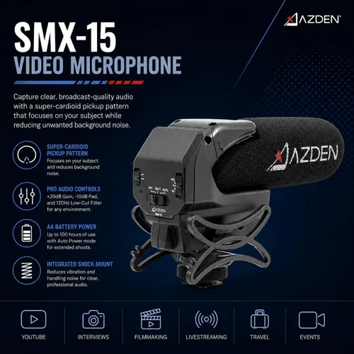 Vista 5 de Azden Micrófono de video con escopeta alimentada SMX-15