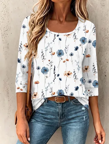 Vista 5 de Ekouaer Camisetas básicas casuales de manga 3/4 para mujer, cuello redondo Blanco floral