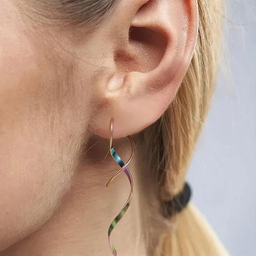 Vista 2 de Aretes de enhebrador en espiral, de acero inoxidable de 0.63 oz, hechos a mano, trenzados, lineales, curvados, colgantes minimalistas