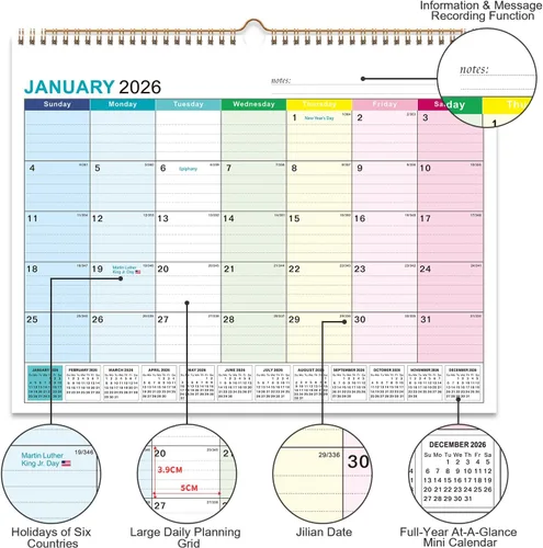 Vista 2 de Kyweel Calendario de pared 2026-2027, enero 2026-junio 2027, 15 x 12 pulgadas, días festivos destacados, calendario de planificación, papel grueso