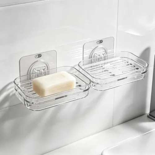 Vista 7 de Jabonera autoadhesiva para montar en la pared, protector de jabón de plástico, soporte de esponja para pared de ducha, baño, cocina (transparente A))