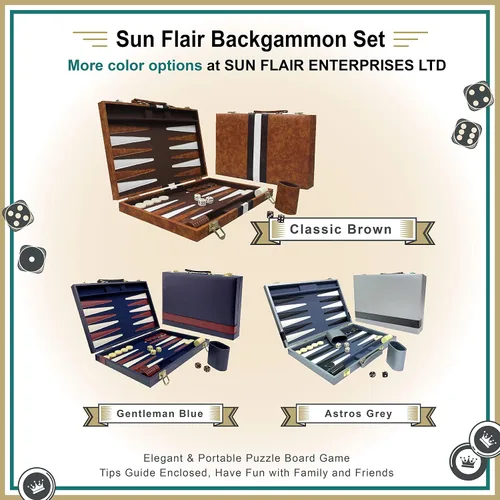 Vista 8 de Sun Flair Backgammon - Juegos de mesa para adultos y niños de 15 pulgadas, juego de mesa clásico plegable con funda de piel sintética premium