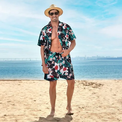 Vista 3 de Camisa hawaiana de 2 piezas para hombre, camisa de manga corta con botones