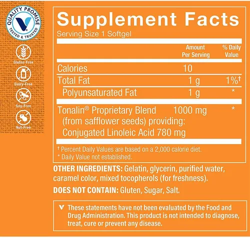 Vista 2 de The Vitamin Shoppe Tonalin CLA 1000 mg Softgel, ácido linoleico conjugado 780mg de semillas de cártamo - Apoya la reducción de la grasa corporal