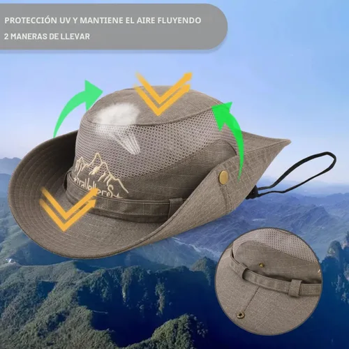 Vista 3 de Sombrero de sol para hombre, bordado de algodón, para verano, protección solar, ala ancha, plegable, estilo safari, boonie Caqui