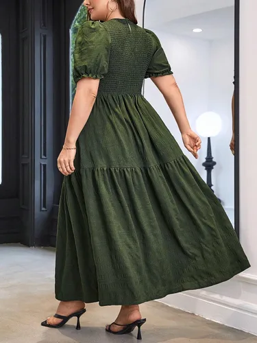 Vista 2 de WDIRARA Vestido Aline con cuello redondo y manga corta abombada y dobladillo fruncido para mujer