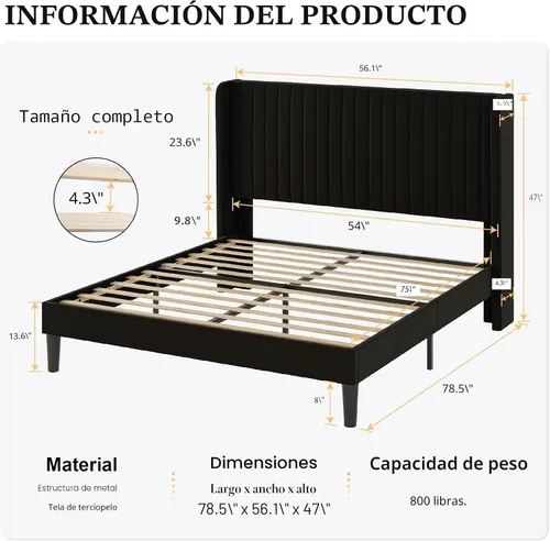 Vista 2 de SHA CERLIN - Marco de cama de terciopelo tamaño matrimonial, cabecera con alas copetudas, color negro 47'' Modern Vertical Channel Headboard