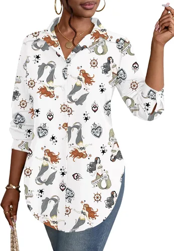 Vista 10 de Rooscier Blusa larga con cuello en V para mujer, manga larga, abertura lateral, con botones