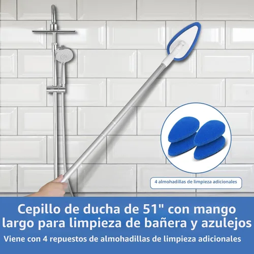Vista 2 de Qaestfy Cepillo de limpieza de azulejos para bañera y ducha, con mango de 51 pulgadas, 5 almohadillas antiarañazos, cepillo ajustable de mango largo