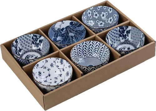 Vista 8 de Gegong Paquete de 6 cuencos de cerámica, cuencos de arroz de estilo japonés, cuencos de porcelana azul y blanca de 10 onzas, cuencos de cereales
