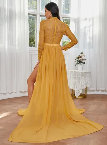 Vista 5 de ZIUMUDY Vestido de manga larga con encaje transparente para maternidad para fotografía con falda maxi de gasa para sesión de fotos