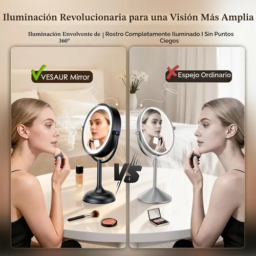 Vista 7 de VESAUR Espejo de Maquillaje Profesional Iluminado de 8.5", 1X/10X de Doble Cara HD Sin Distorsión, Espejo de Aumento con Luces LED Regulables en 3