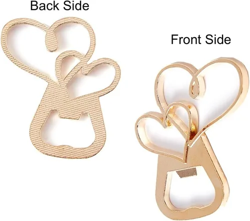 Vista 2 de Paquete de 25 abrebotellas de doble corazón dorado con etiqueta Kraft y bolsa de recuerdo, regalo de boda para invitados, recuerdos de boda, baby