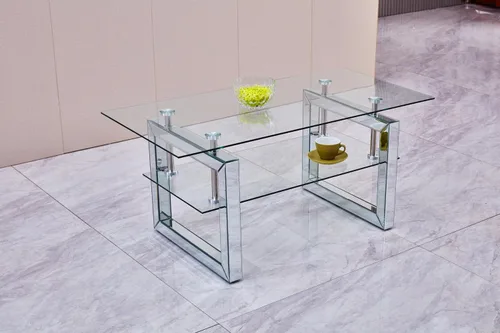 Vista 7 de Mesa de centro de cristal de 39 pulgadas, moderna mesa de centro de vidrio templado de 2 capas, mesas rectangulares para sala de estar, muebles