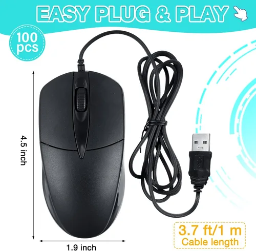 Vista 2 de Kathfly 30 unidades de ratón negro con cable USB para computadora a granel 1000 DPI 3 botones con cable con cable con USB silencioso