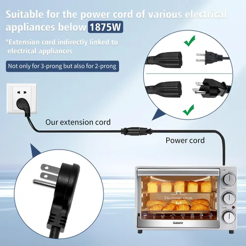 Vista 5 de Cable de extensión corto de 1875W, cable de alimentación de perfil bajo de 15A 16AWG de alta resistencia con enchufe plano de 3 puntas, cable