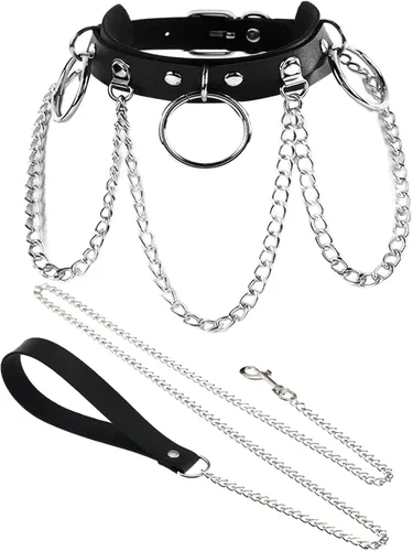 Vista 8 de Gargantilla de cuero con correa de cadena para adolescentes, punk gótico Y2K, accesorios de cosplay, tres anillos o y dijes de cadenas