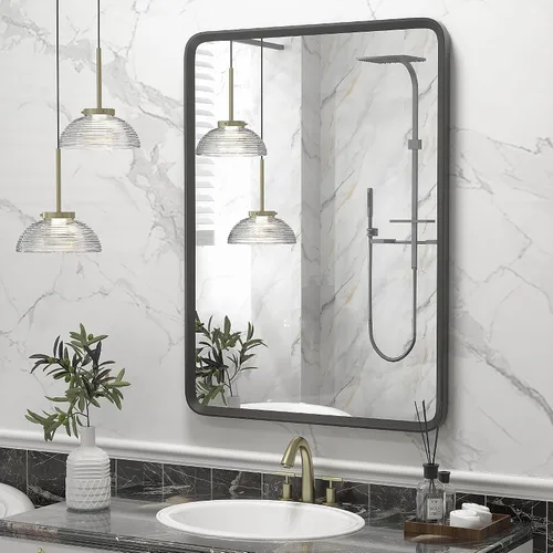 Vista 21 de Espejo rectangular con marco mate negro de 20x30 pulgadas para baño, espejo de tocador para pared de baño con esquinas redondeadas, antióxido y a