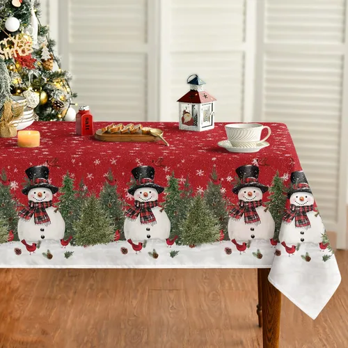 Vista 10 de Horaldaily - Mantel de Navidad rectangular de 52x70 pulgadas, diseño de muñeco de nieve y árboles azules, mantel lavable de temporada