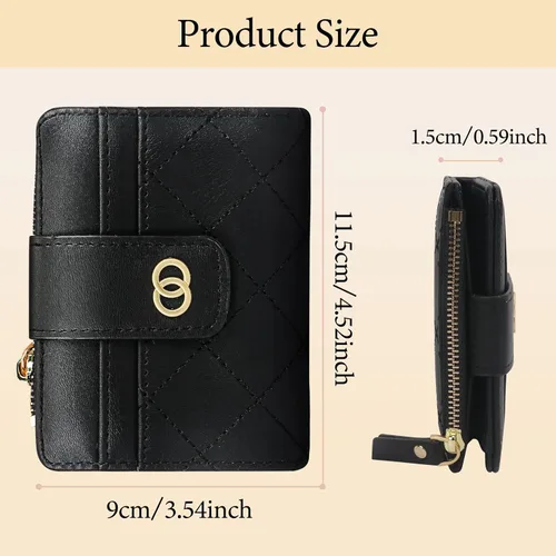 Vista 2 de Unaone Cartera pequeña para mujer, cartera de cuero con ventana de identificación y bolsillo para monedas con cremallera, Negro -, Moda