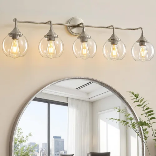 Vista 11 de Lámpara de Tocador de Baño Dorada con Pantalla de Vidrio Transparente, Base E26, Luminarias de Baño de 2 Luces Sobre Espejo, Luces de Tocador de 14