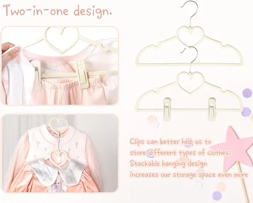 Vista 4 de Perchas de terciopelo beige con forma de corazón, paquete de 50 perchas para niños pequeños de 13 pulgadas con 20 clips, ultra delgadas y apilables