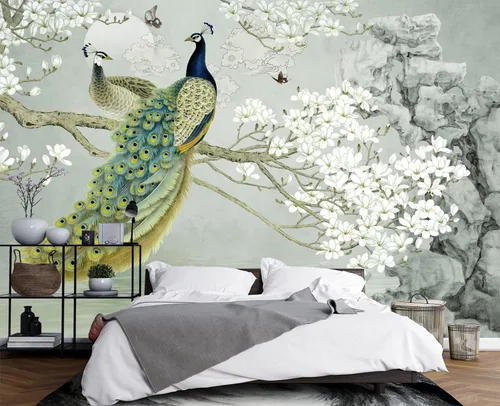 Vista 17 de Papel pintado 3D de flores doradas en relieve para dormitorio, 103 x 69 pulgadas