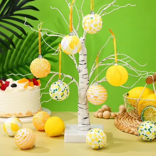 Vista 2 de Liliful 12 adornos para árbol de verano, adornos colgantes de limón, lentejuelas brillantes, decoración de fruta, colgante de bola amarilla