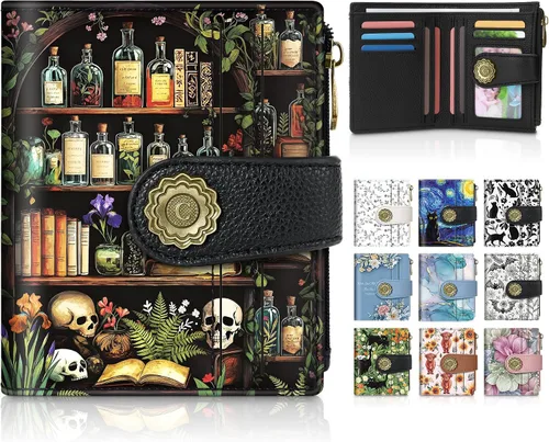 Vista 11 de Chelmon Cartera pequeña gótica para mujer, con bloqueo RFID, de piel sintética, plegable, para tarjetas de crédito, con ventana de identificación