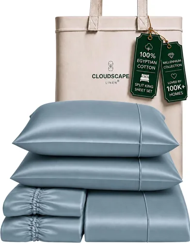 Vista 67 de Cloud Scape Linen - Juego de sábanas de algodón egipcio de doble capa, tamaño individual, tejido de satén de fibra larga, juego de 3 piezas, ropa