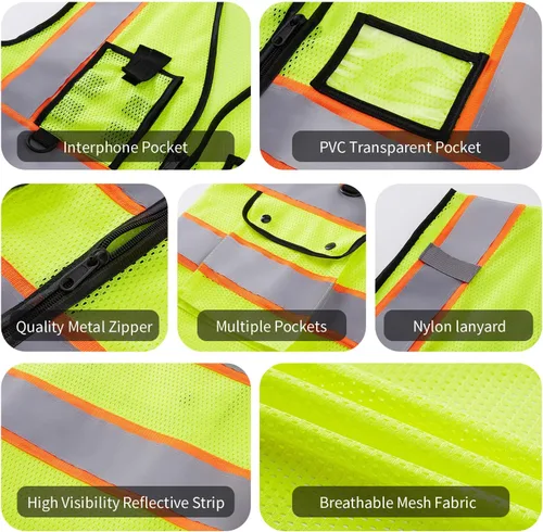 Vista 5 de Chaleco Reflectante Clase 2 de Seguridad ANSI con Bolsillos y Cremallera de Alta Visibilidad Uniforme de Construcción K-amarillo-1pack-personalizado