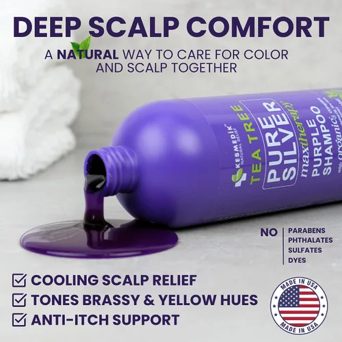 Vista 3 de Juego de champú morado de árbol de té y mascarilla para cabello rubio