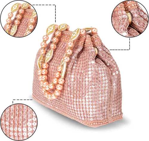 Vista 3 de Aheli Bolsos indios Potli para mujer bolso de noche embrague étnico novia monedero con cordón