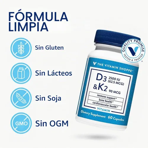 Vista 3 de The Vitamin Shoppe Brand Vitamina D3 2500 UI y K2 90 MCG, 60 cápsulas